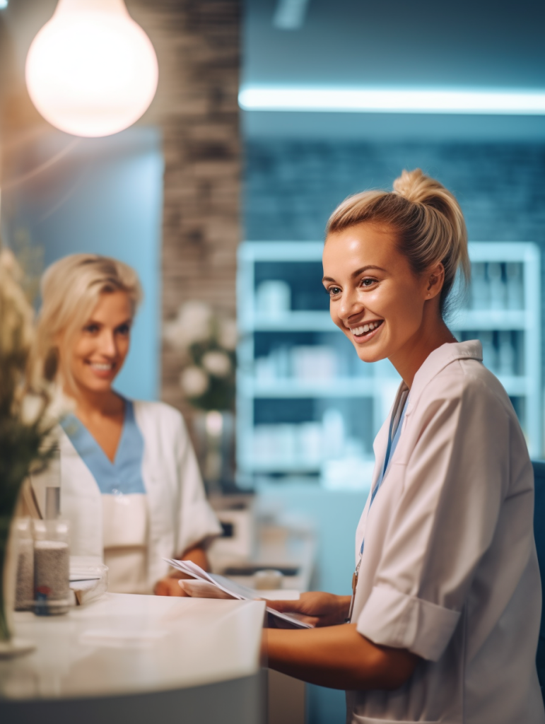 A female doctor discusses research with colleagues in a laboratory.